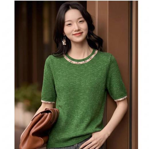 手工缀饰~轻奢风手工钉珠棉麻圆领针织短袖女高级感宽松显瘦上衣ZW26001 商品图1