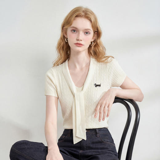 西遇系带V领短袖针织衫女2026春新款小狗刺绣气质领带小众上衣H0060260 商品图2