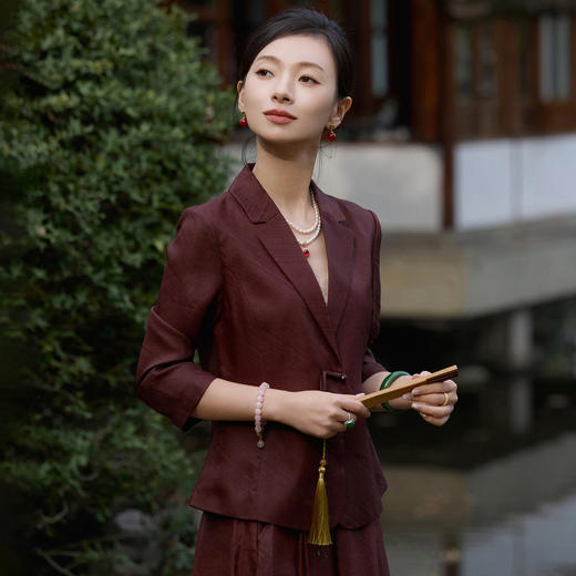 西子/半江红26姆米非遗香云纱红云纱新中式红棕西装/WTTJ1217 商品图3