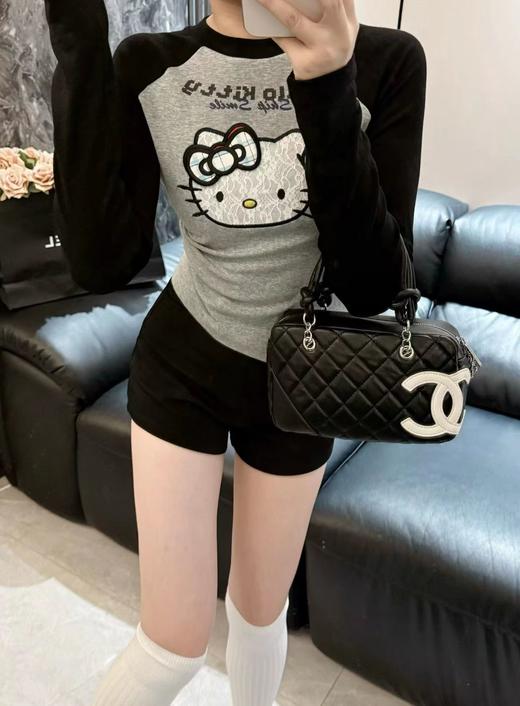 F040722春季新款甜美辣妹风HelloKitty猫咪蕾丝蝴蝶结刺绣圆领修身插肩袖T恤长袖 商品图7