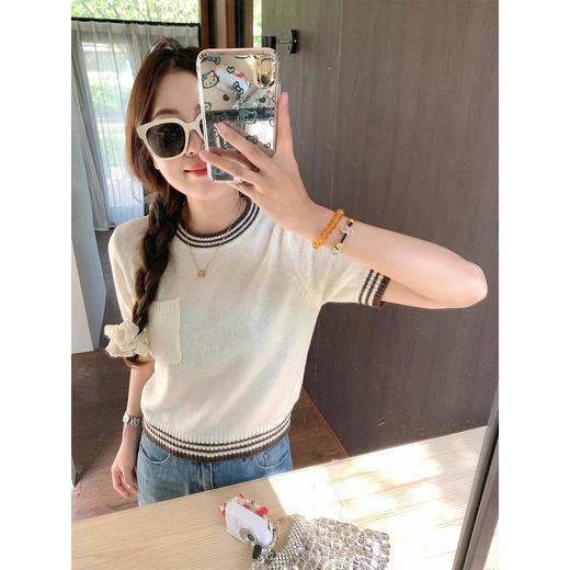 <曾小咸推荐>4.8现货秒杀 ！微信超特价！韩系撞色针织短袖衫 日常129.99 立减70 秒杀59.99！！ 商品图3