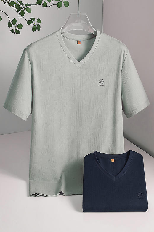 【DWP】大依优型大码男装V领短袖T恤莱赛尔棉麻混纺上衣商务休闲棉质夏季 商品图5