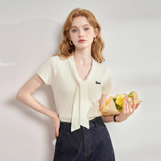 西遇系带V领短袖针织衫女2026春新款小狗刺绣气质领带小众上衣H0060260 商品图0