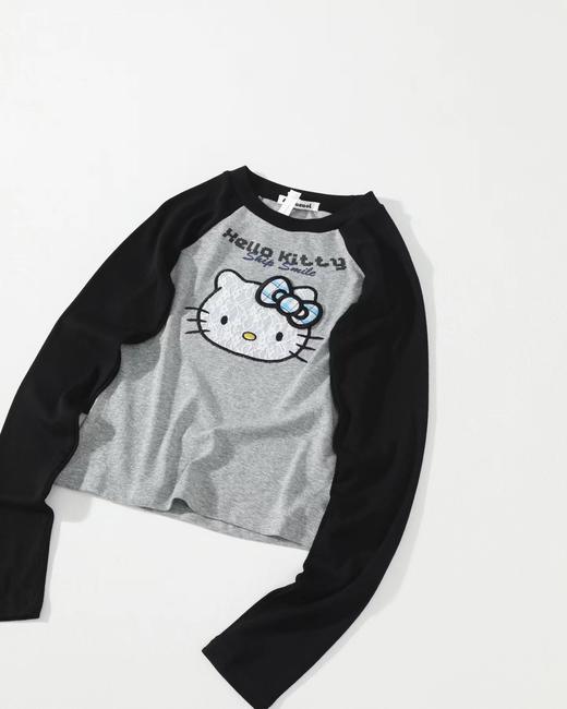 F040722春季新款甜美辣妹风HelloKitty猫咪蕾丝蝴蝶结刺绣圆领修身插肩袖T恤长袖 商品图1