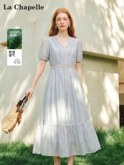 天猫同步【天丝莱赛尔】拉夏贝尔/La Chapelle蕾丝V领拼接钉珠短袖连衣裙女小个子法式气质短袖中长裙 商品图0