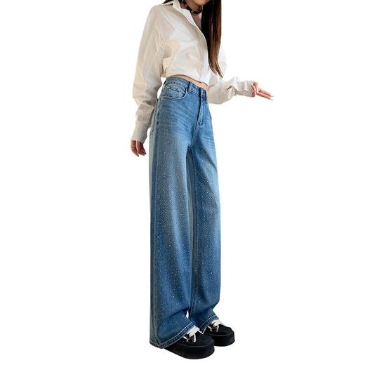 【秒杀】2026春季设计感高腰直筒小个子阔腿裤满天星烫钻牛仔裤女 商品图4