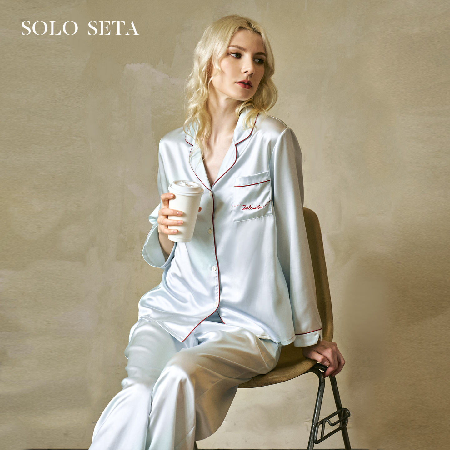 Solo seta22姆米玻尿酸真丝睡衣套装桑蚕丝长袖长裤刺绣家居服