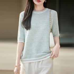 「自」全新升级【铂金会员174/天猫229/差价55】(10627)洛诗琳气质薄款亚麻棉针织T恤2026新款圆领镂空针织短袖上衣