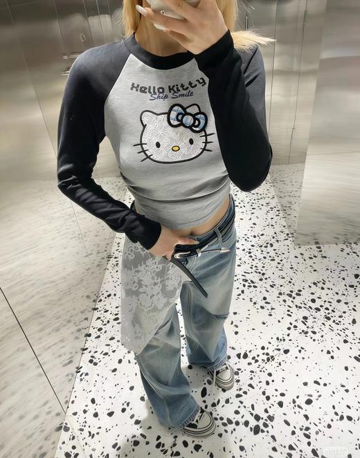 F040722春季新款甜美辣妹风HelloKitty猫咪蕾丝蝴蝶结刺绣圆领修身插肩袖T恤长袖 商品图11