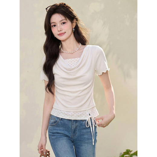 鹿向南「微风情书」杏色假两件短袖T恤女夏季新款减龄设计感上衣 商品图0