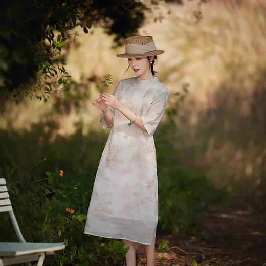 苎麻连衣裙洋气减龄五分袖立领，盘扣刺绣绣花改良旗袍裙TT-96253 商品图0