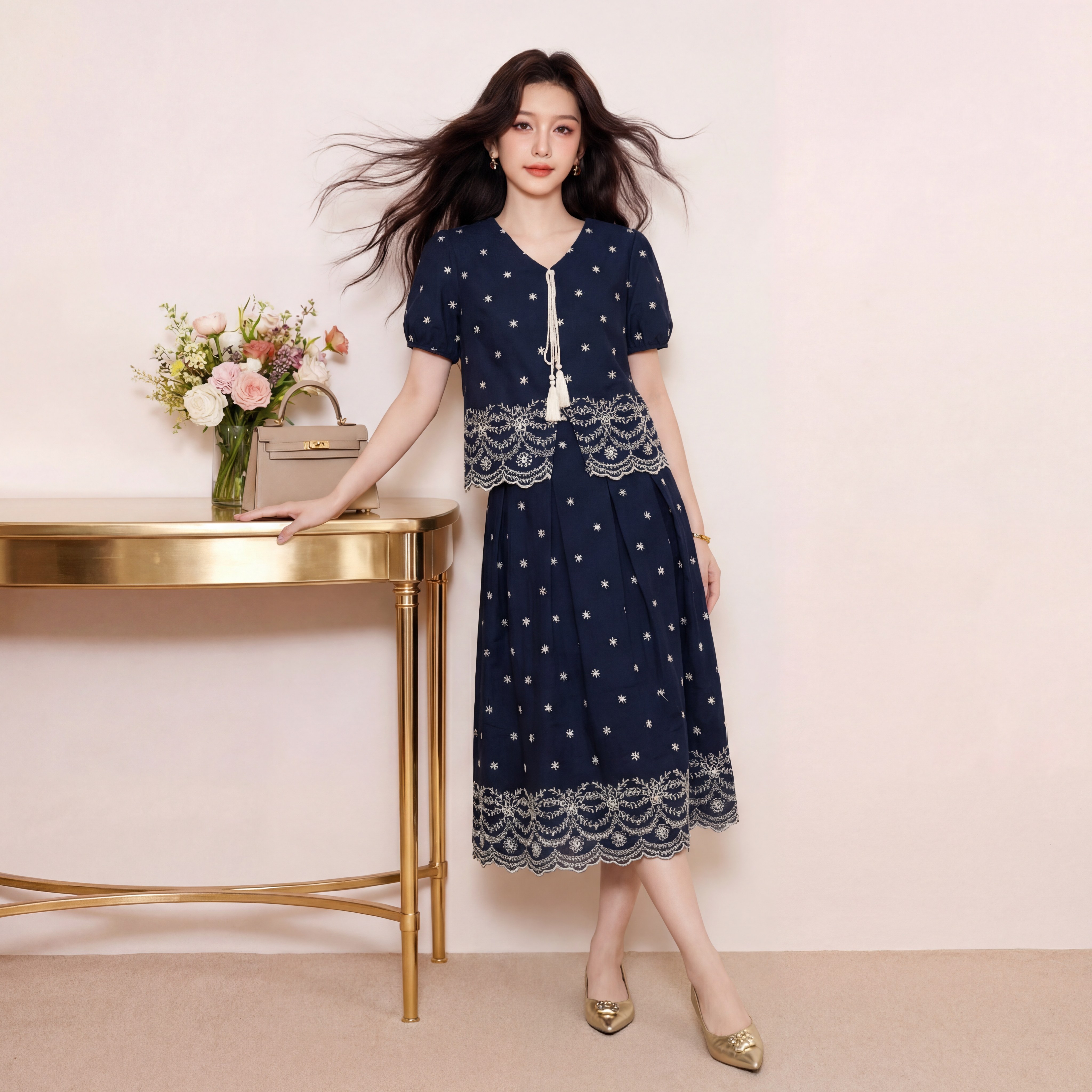 奢姿大码女装2026夏季系带流苏V领两件套胖妹妹花边时尚轻奢套装9962936009