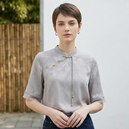 PALUOPO/PL文静雅致重磅桑蚕丝新中式立领斜襟暗纹纯色T恤ES2F0213Z帕罗 商品图4