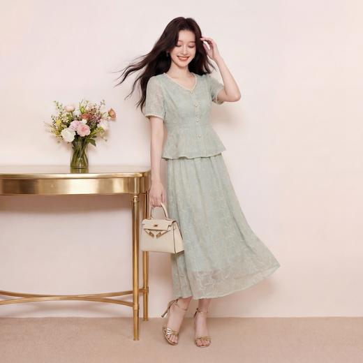 奢姿大码女装2026夏季减龄提花V领两件套胖妹妹花边名媛风套装9962954545 商品图3