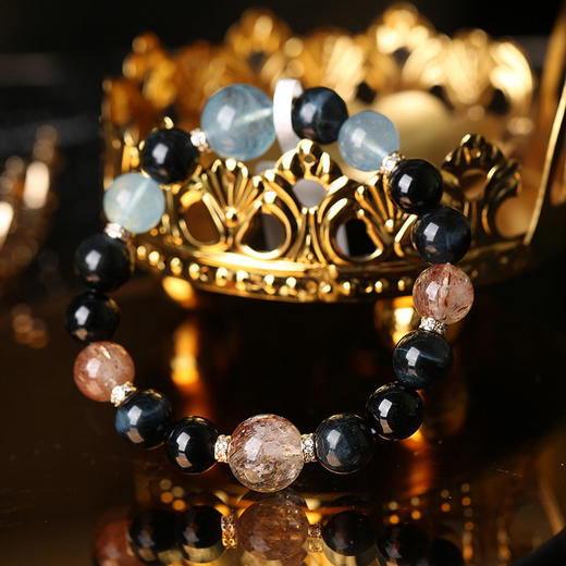 【祈愿吉品】海蓝宝手链蓝虎眼黑金超七黑碧玺水晶手链女款 商品图1