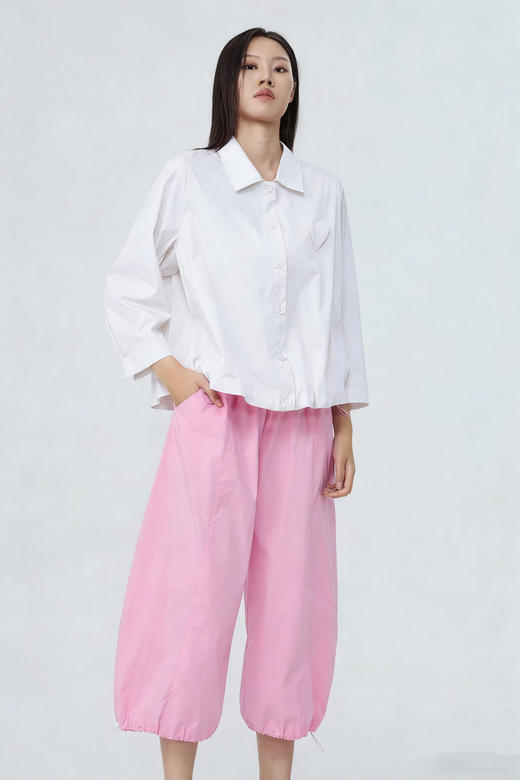 水淼2026春夏休闲正肩阔版抽绳微弹衬衫（两侧有口袋）2371 商品图1