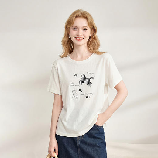 西遇慵懒灰色小马刺绣短袖T恤女2026春夏新款简约休闲宽松上衣H0060226 商品图3