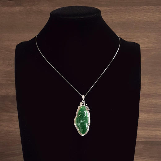 【天然正品】A货翡翠AU750收藏级白金豪镶钻镶天然细腻糯冰种满绿如意（万事如意）翡翠吊坠项链60.7*24.6*9.6MM（皆取最大值）141125AH17 商品图9