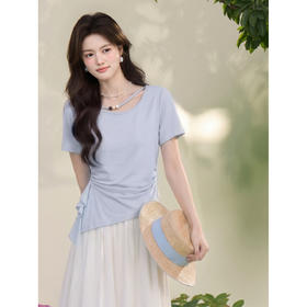 鹿向南「茉莉清晨」蓝色短袖T恤女夏季气质不规则掐腰修身小上衣