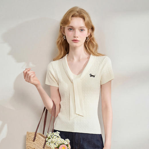 西遇系带V领短袖针织衫女2026春新款小狗刺绣气质领带小众上衣H0060260 商品图3