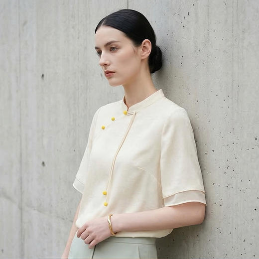 PALUOPO/PL文静雅致重磅桑蚕丝新中式立领斜襟暗纹纯色T恤ES2F0213Z帕罗 商品图2