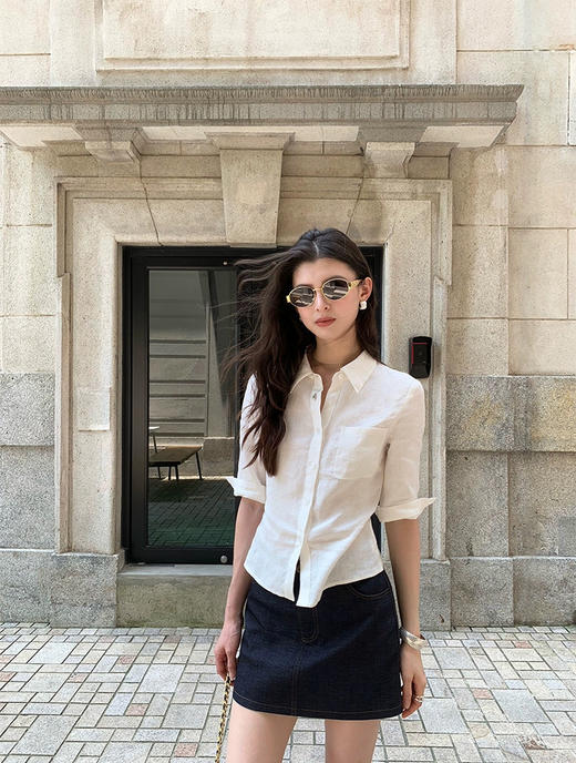 爆款3-7天发货！isabelle marran老钱风亚麻中袖收腰显瘦气质衬衫JS3693423 商品图4