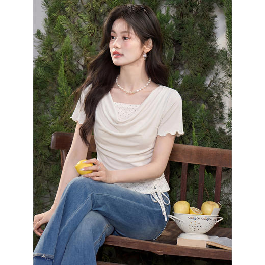 鹿向南「微风情书」杏色假两件短袖T恤女夏季新款减龄设计感上衣 商品图2