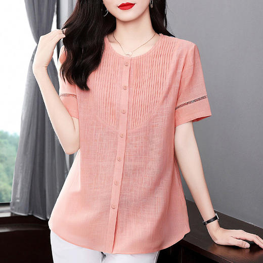 大码短袖衬衫女纯棉夏季遮肚子宽松粉色上衣洋气女装2026新款衬衣 商品图0