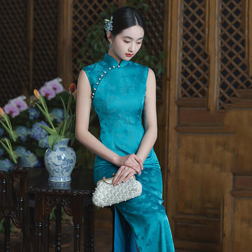 夏季蓝绿色国风新中式无袖长款旗袍改良年轻款高级感宴会礼服旗袍SC21464 商品图3