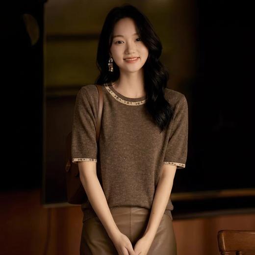 手工缀饰~轻奢风手工钉珠棉麻圆领针织短袖女高级感宽松显瘦上衣ZW26001 商品图0