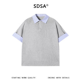 SDSA男装2026新款高贵轻奢学院风条纹拼接针织翻领假两件T恤百搭