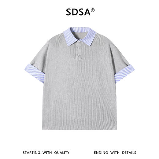 SDSA男装2026新款高贵轻奢学院风条纹拼接针织翻领假两件T恤百搭 商品图0