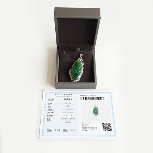 【天然正品】A货翡翠AU750收藏级白金豪镶钻镶天然细腻糯冰种满绿如意（万事如意）翡翠吊坠项链60.7*24.6*9.6MM（皆取最大值）141125AH17 商品图1