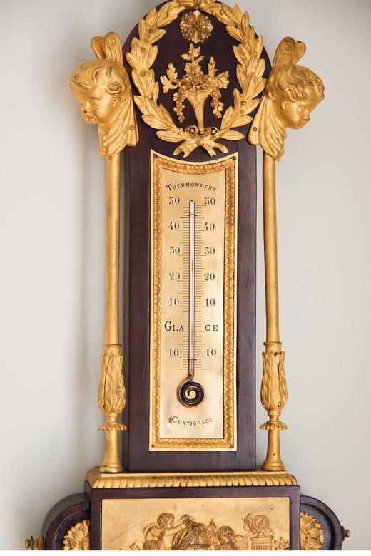 独角鹿西洋古董1880年代法国出品路易十六风格古典天使主题铜鎏金精雕装饰桃花心木晴雨表挂钟 商品图3