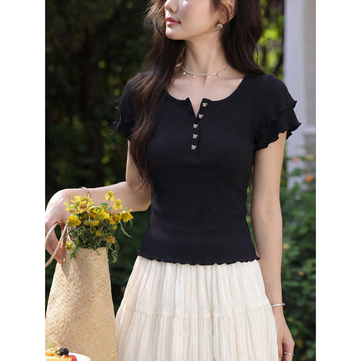 鹿向南「氧气少女」气质黑色领短袖T恤夏新款修身显瘦甜美上衣女 商品图3