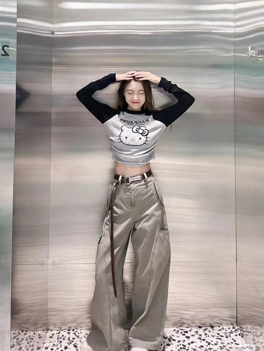 F040722春季新款甜美辣妹风HelloKitty猫咪蕾丝蝴蝶结刺绣圆领修身插肩袖T恤长袖 商品图12