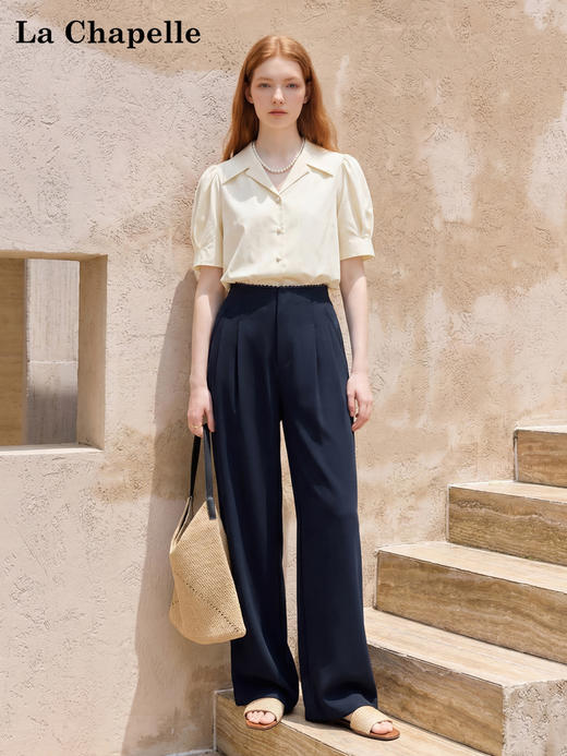天猫同步【垂坠显瘦】拉夏贝尔/La Chapelle两色暗扣花边腰头压褶休闲裤夏季褶皱宽松西装直筒裤女 商品图2