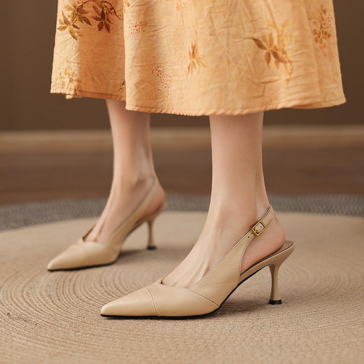 【预售5天】法式气质尖头高跟鞋夏季新款真皮浅口单鞋细跟女鞋包头凉鞋 商品图0