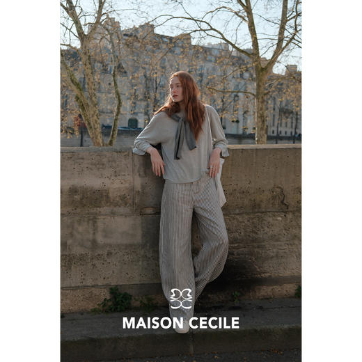 MC 莱赛尔亚麻舒适垂感条纹经典百搭休闲弧形镰刀裤MAISON CECILE 商品图1