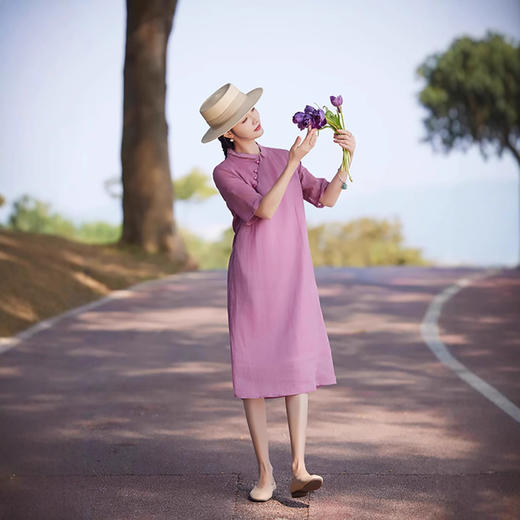 苎麻连衣裙洋气减龄五分袖，立领盘扣改良旗袍裙中长裙TT-96262 商品图3