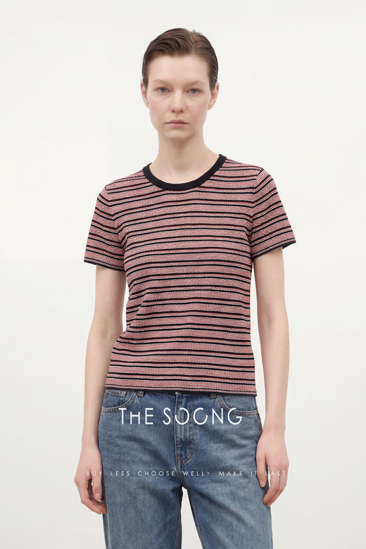 THESOONG/舒适体感 细密条纹针织圆领短袖T恤女高弹抗皱上衣8881 商品图4
