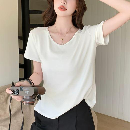 宽松慵懒风纯色大v领感短袖女t恤夏季新款休闲简约百搭显瘦潮 商品图0