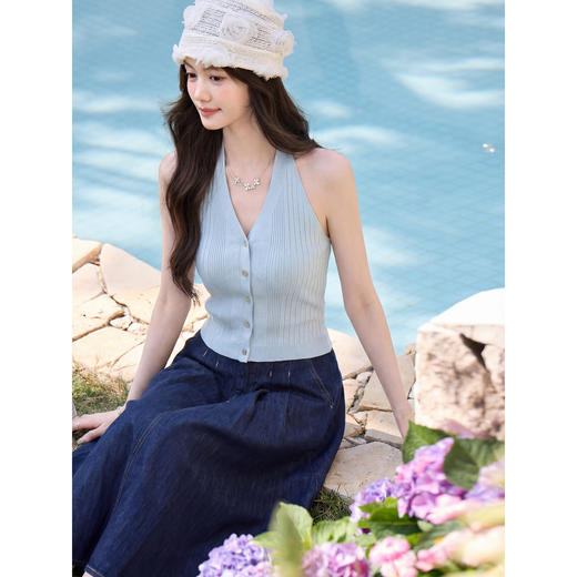 鹿向南「山野柔风」蓝色背心吊带女夏新款时尚百搭设计感无袖上衣 商品图4