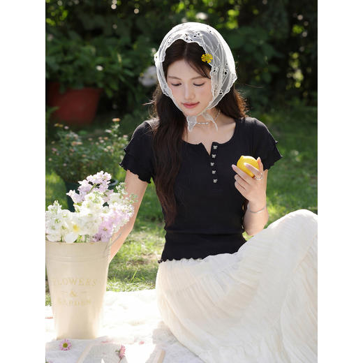 鹿向南「氧气少女」气质黑色领短袖T恤夏新款修身显瘦甜美上衣女 商品图4