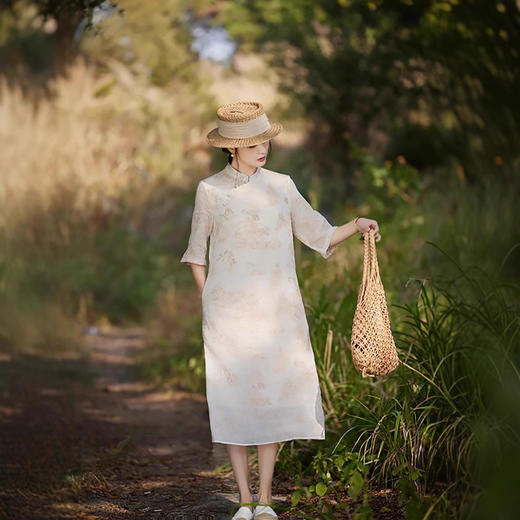 苎麻连衣裙洋气减龄五分袖立领，盘扣刺绣绣花改良旗袍裙TT-96253 商品图1