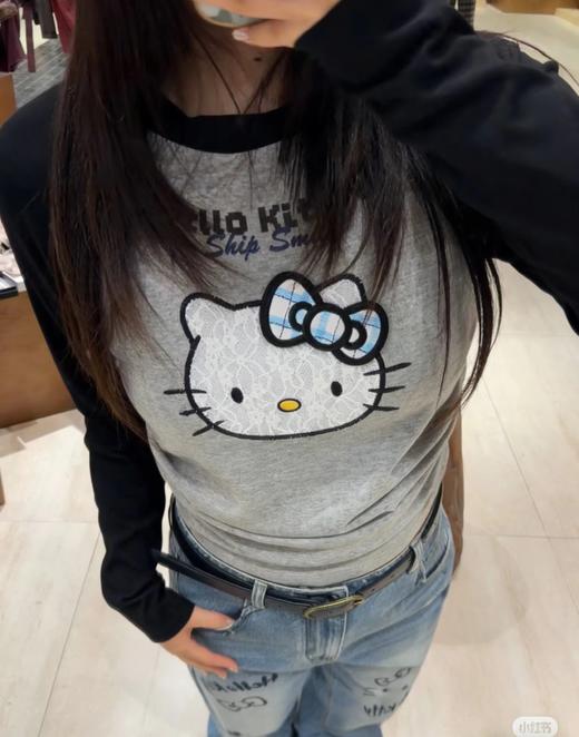 F040722春季新款甜美辣妹风HelloKitty猫咪蕾丝蝴蝶结刺绣圆领修身插肩袖T恤长袖 商品图9