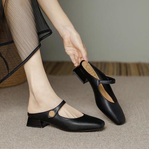 【秒杀】真皮包头拖鞋女粗跟春夏外穿新款法式方头百搭懒人半拖配裙女单鞋 商品图2