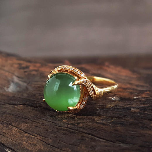 【天然正品】AU750黄金镶天然细腻菠菜绿无黑点碧玉猫眼和田玉戒指15号（皆取最大值）141125AH29 商品图3