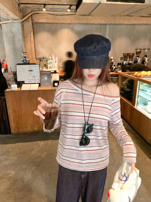 <曾小咸推荐>4.8现货秒杀 ！微信超特价！韩系条纹露肩长袖t恤 日常129.99 立减70 秒杀59.99！！ 商品图6