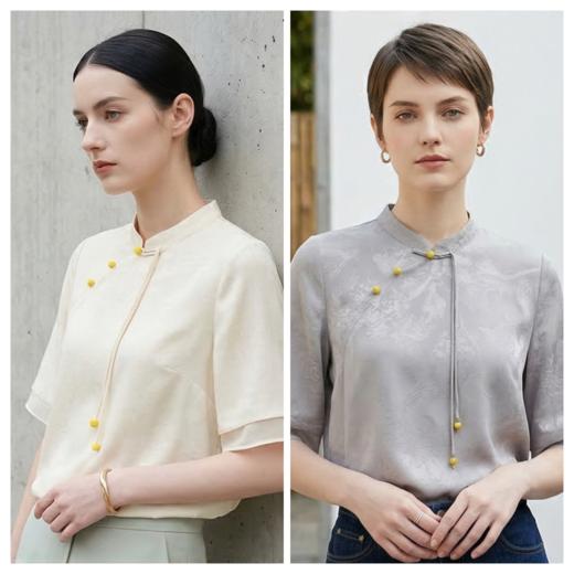 PALUOPO/PL文静雅致重磅桑蚕丝新中式立领斜襟暗纹纯色T恤ES2F0213Z帕罗 商品图1